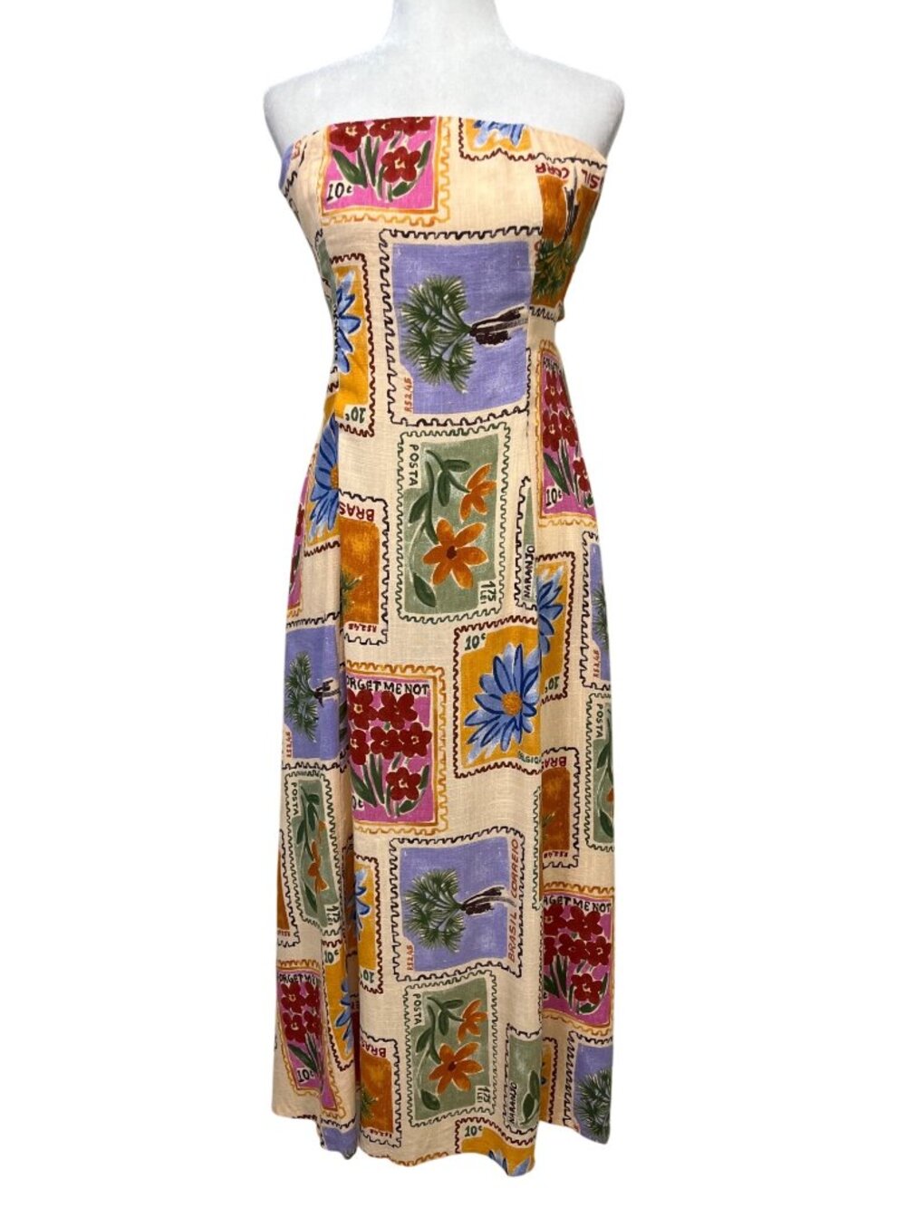 Paper Heart Anthropologie Womens XS Strapless Maxi Dress Postcard Floral Stamp